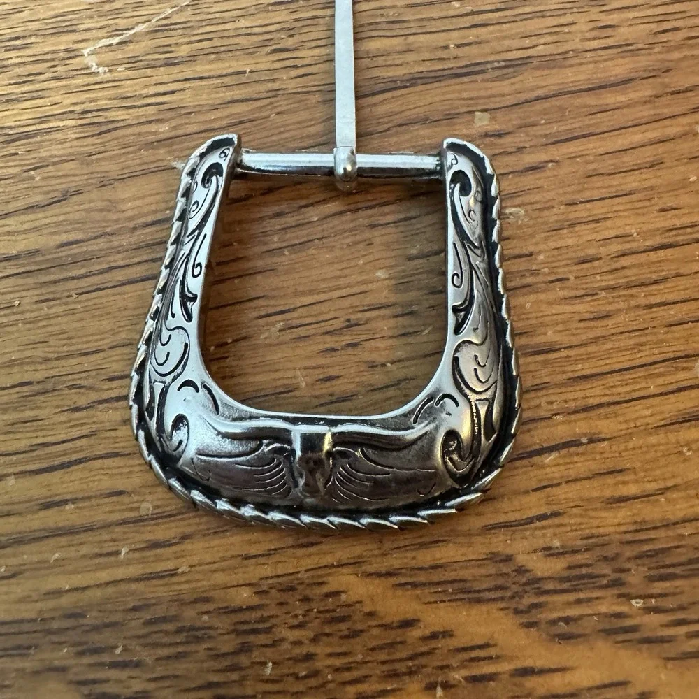 Western Silver Tone Belt Buckle Engraved Scroll RM Marked Cowboy